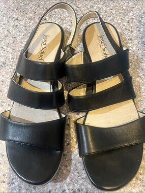 Josef Seibel Black Triple-Strap Slingback Sandals sz 9/euro 40